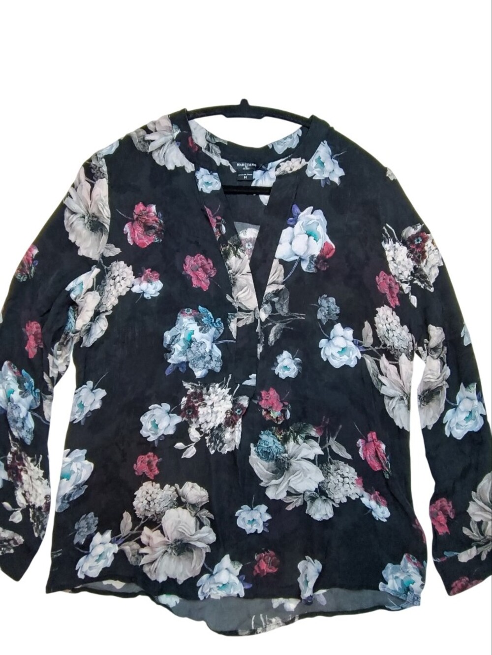 Marciano By Guess 100% Silk Dark Floral Split V-Neck Blouse Top Size M